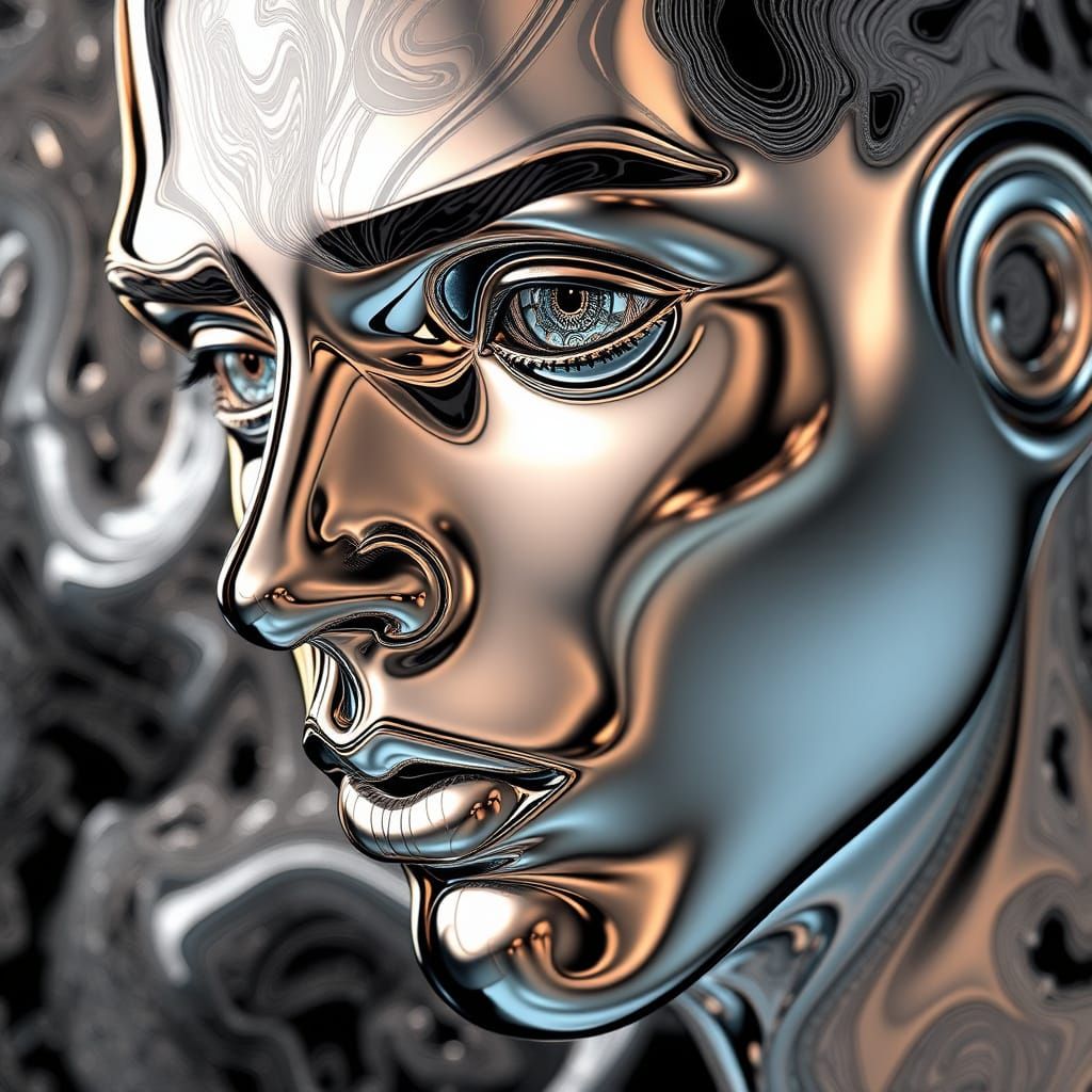 Shimmering Chrome Portrait in Art Deco Style