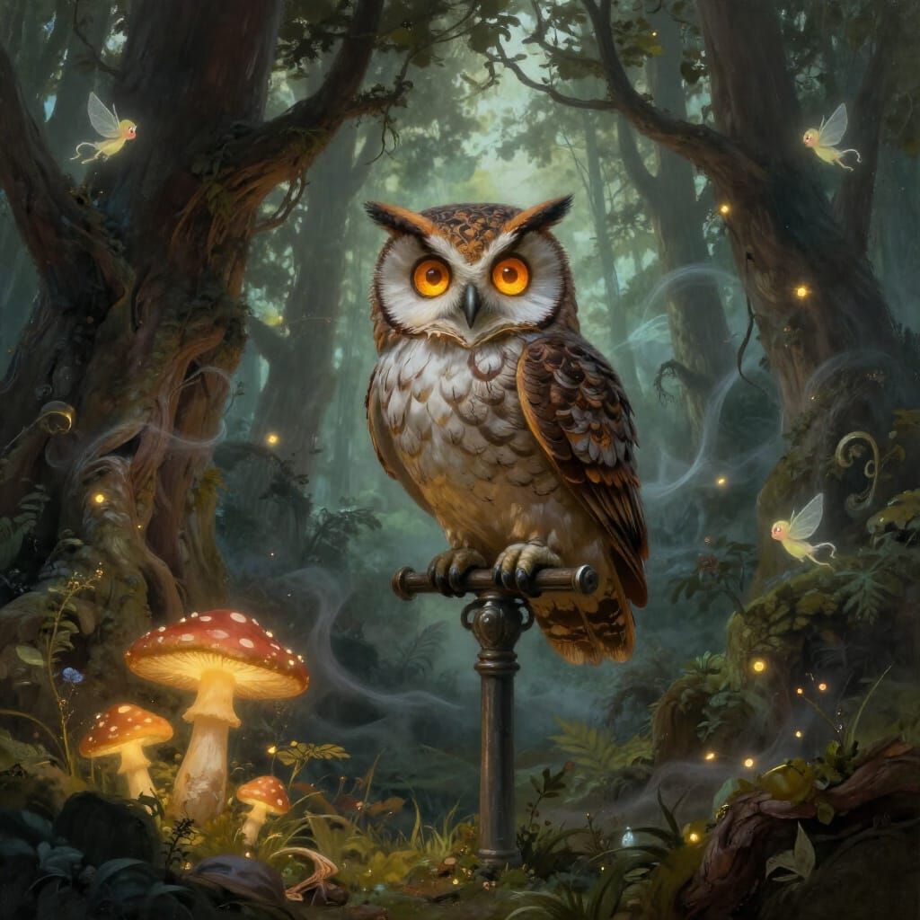 Clockwork Owl on Lamppost in Mystical Forest