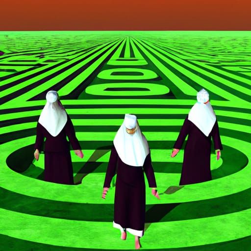 Surreal Nuns in Maze Under Red Sky