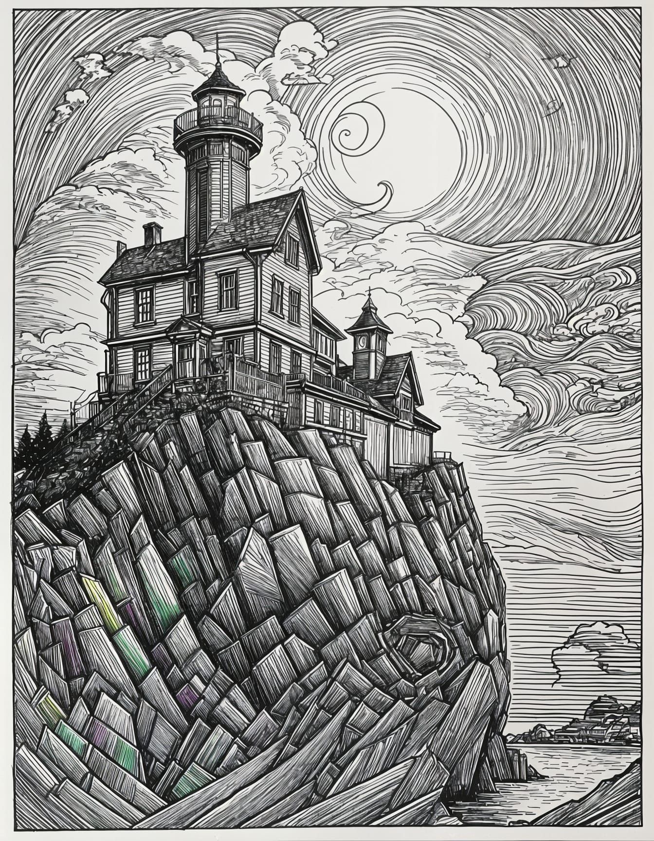 Epic Lighthouse in Pen and Ink Line Art