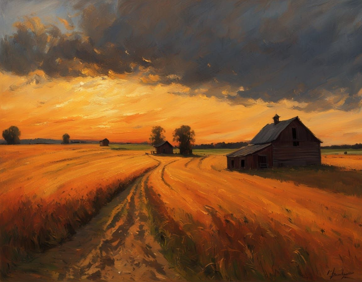 Golden Hour Farm Landscape in Levitan Style