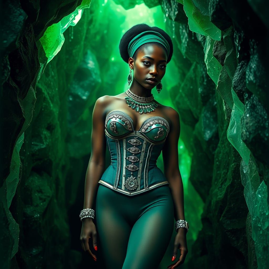 African Woman in Crystalline Cave, Photorealistic Digital Ar...