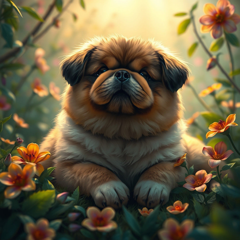 Chubby Dog in a Dreamlike Fantasy Garden