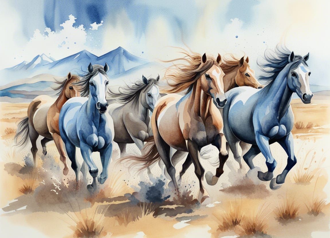 Wild Horses Gallop Across Prairie: Watercolor Painting