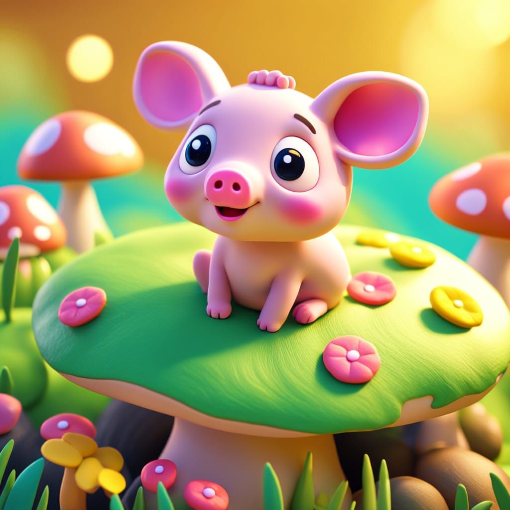 Adorable Clay Piglet on Mushroom in Pixar Style