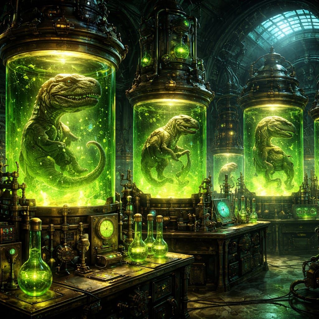 Aetherpunk Dinosaur Embryo Lab with Green Goo Tanks
