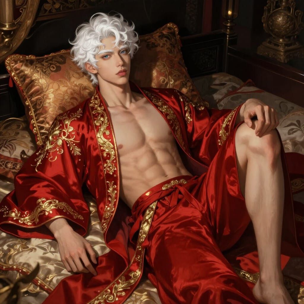Elegant Man in Silk Robes on Ornate Bed