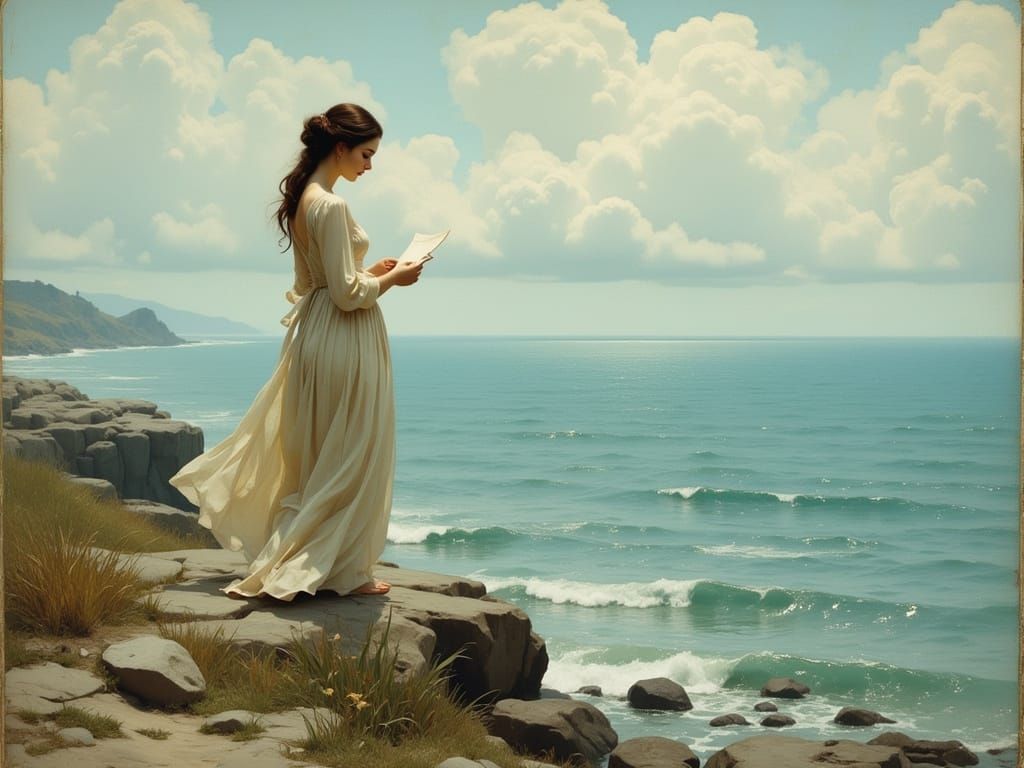 Woman Writing Letter by Sea, Impressionist Style