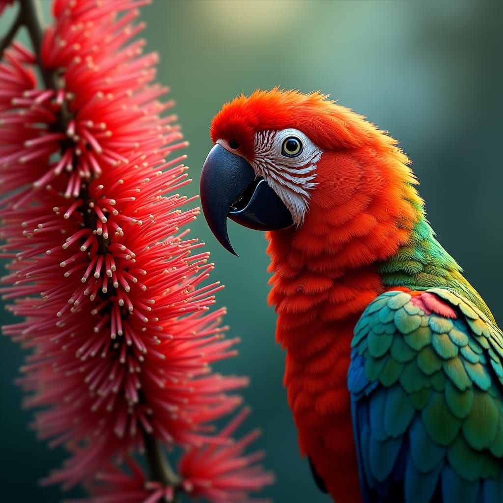 Rosella Parrot and Bottlebrush Flowers in Splash Art
