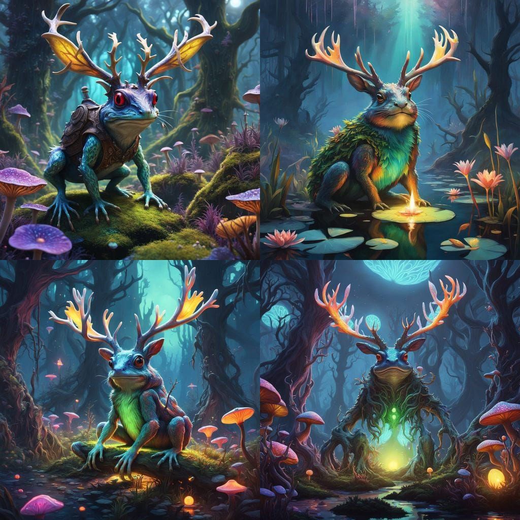 Psychedelic Swamp Jackalope Frog in Vibrant Fantasy World