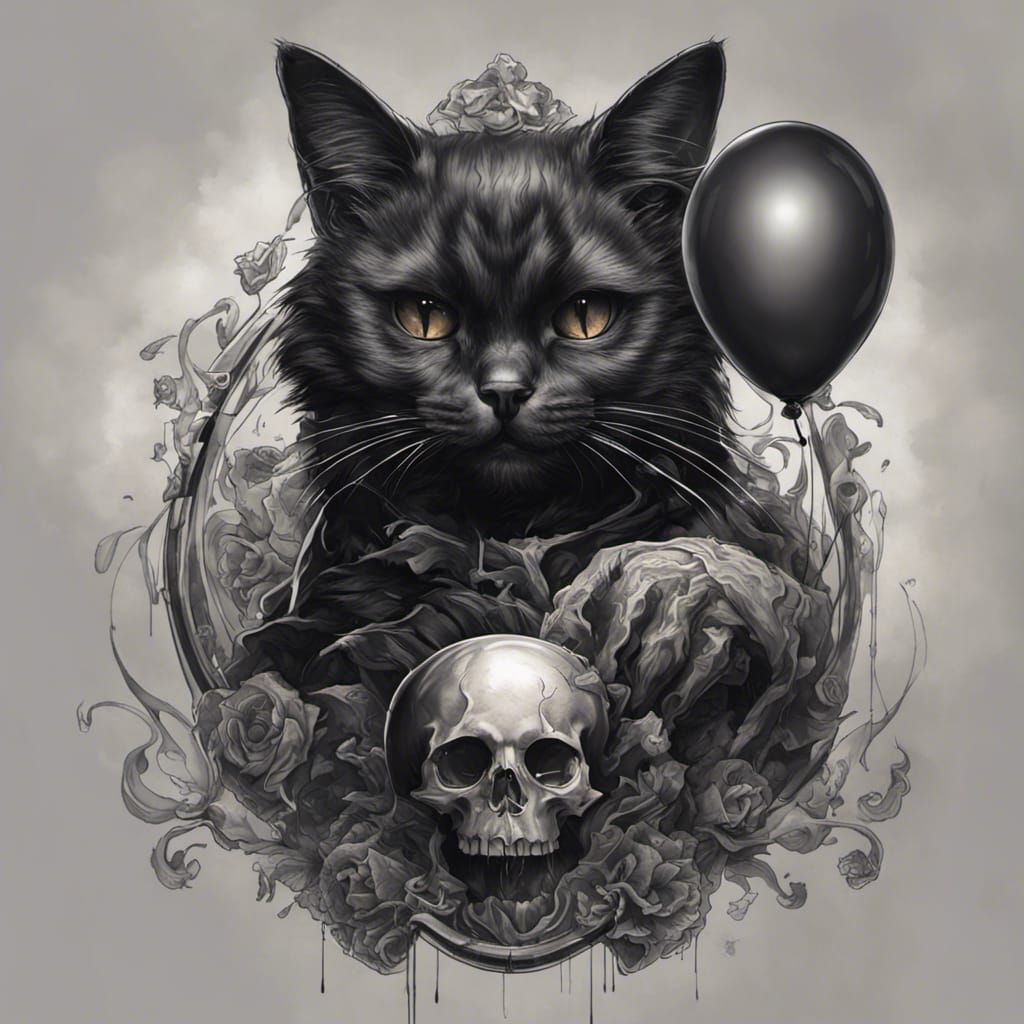 Black Cat Skull Balloon Tattoo, Dark Fantasy Art