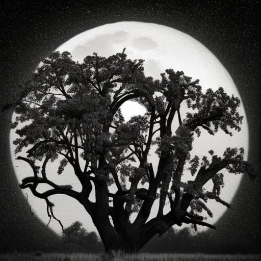 Monochrome Full Moon Behind Tree