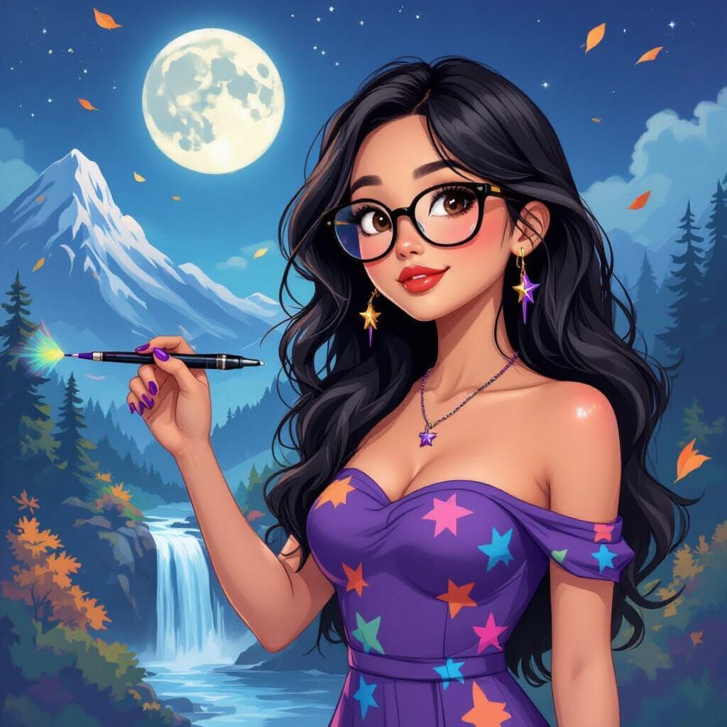 Whimsical Mural of Moonlit Mountain Landscape