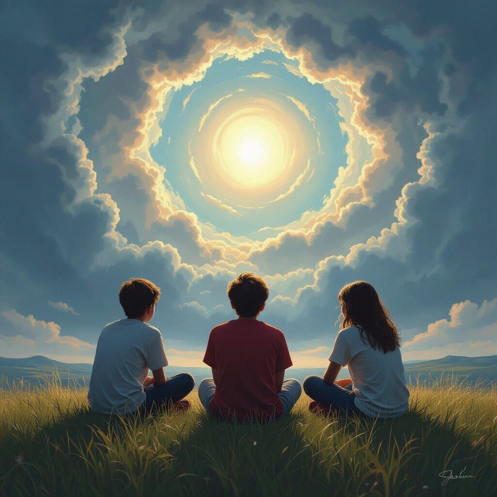 Teens Gathered on Grass Under Dramatic Sky