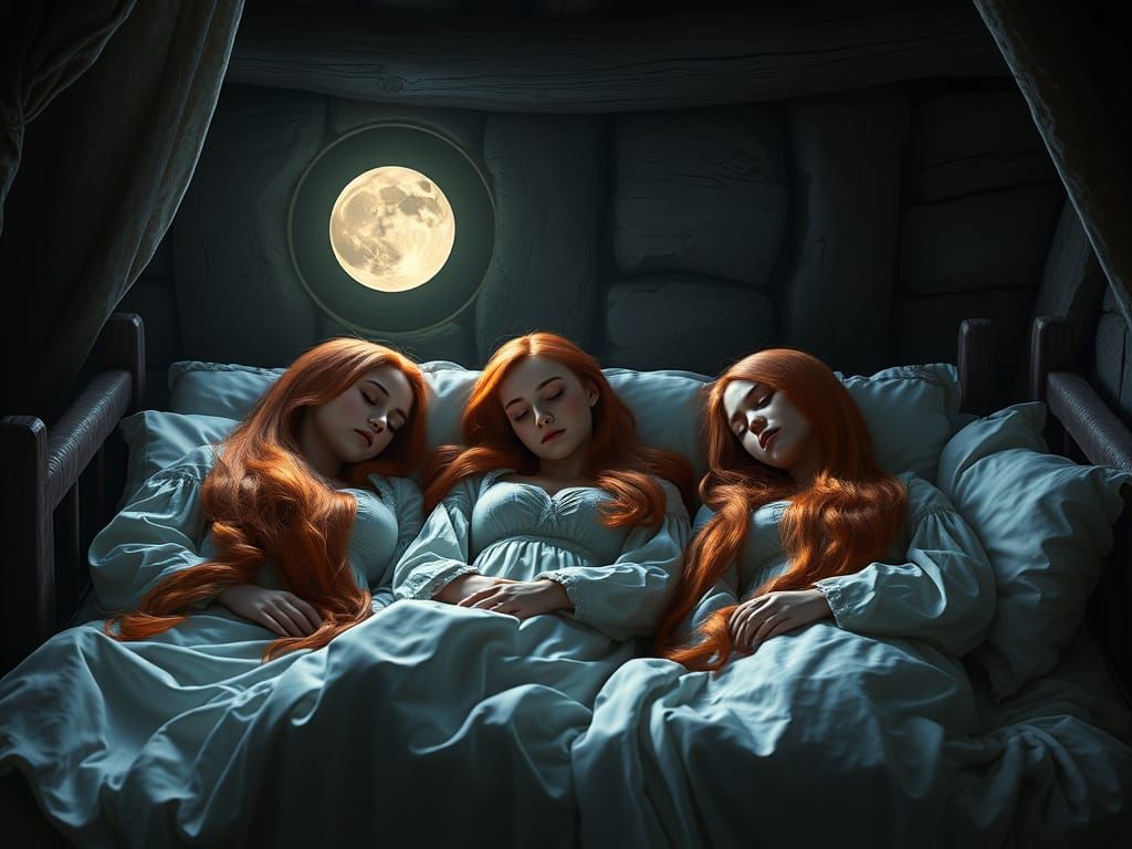 Medieval Sisters Slumber in Moonlit Cottage