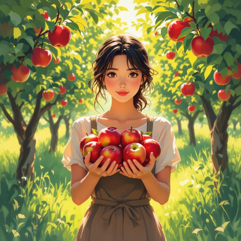 Woman with Apples in Orchard, Painterly Style