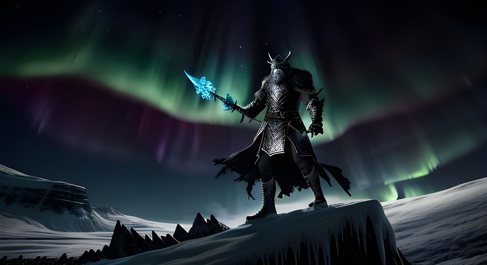 Norse Villains in Dark Fantasy Landscape with Aurora
