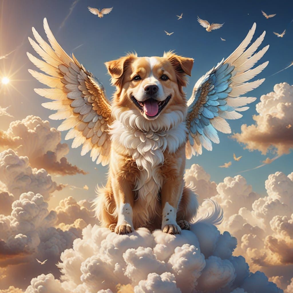 Angel Dog Sits on Cloudy Heaven