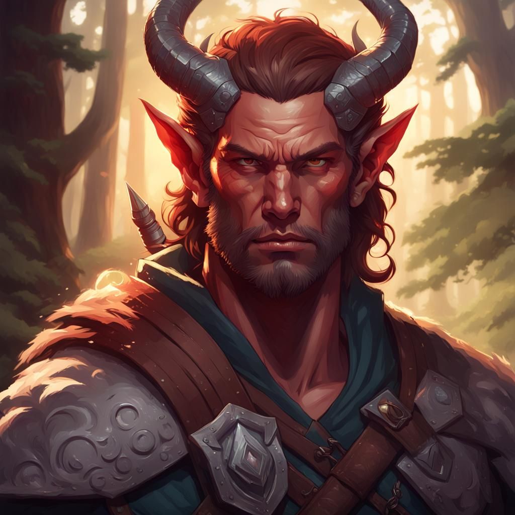 Handsome Tiefling Barbarian in Forest, Hyperdetailed Art