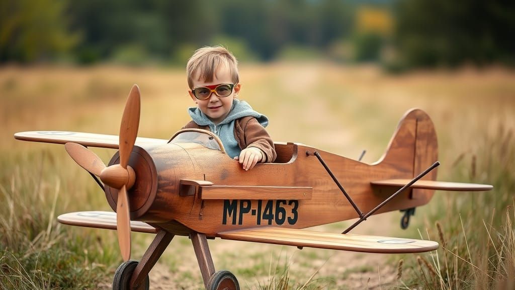 Boy Pilot in Wooden Biplane: Vintage Aviation Style