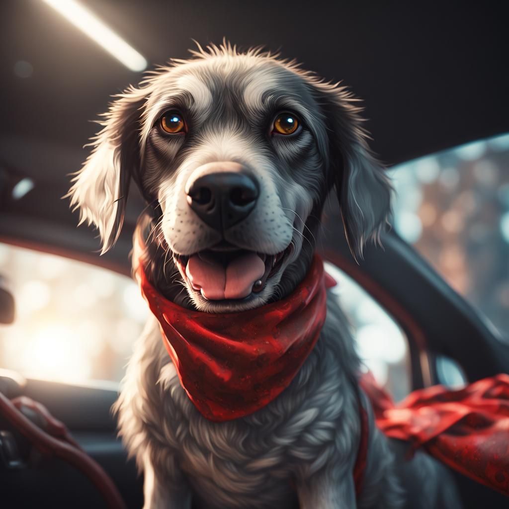 Cute Cyberpunk Dog with Red Bandana in Grungy Style