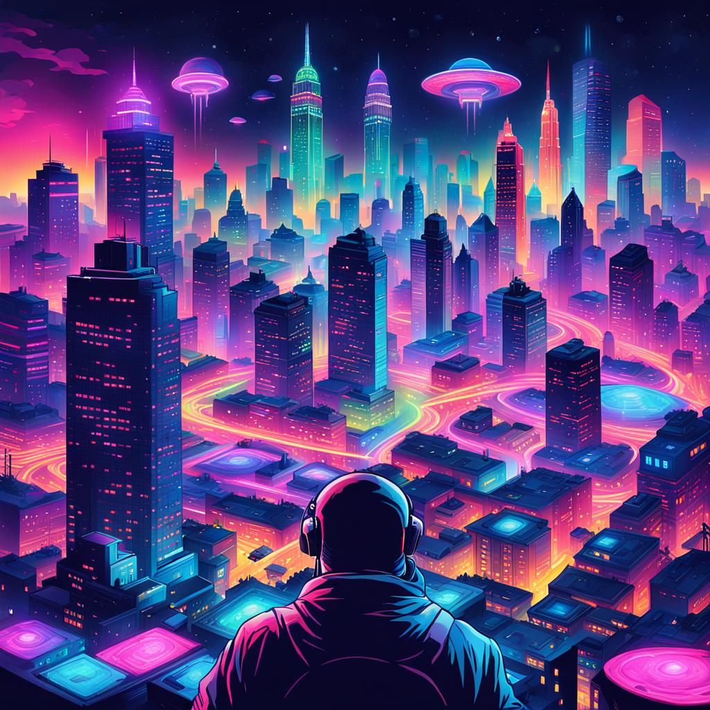 Neon Cityscape with UFO and Gesture