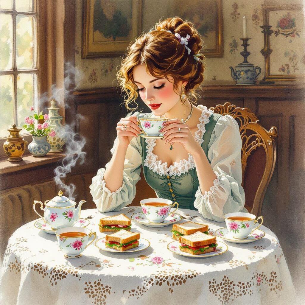 Whimsical Tea Time Scene in Vintage Watercolor Style