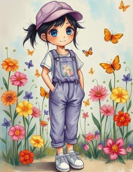 Anime Expressionist Art of a Girl with Lilac Denim Cap