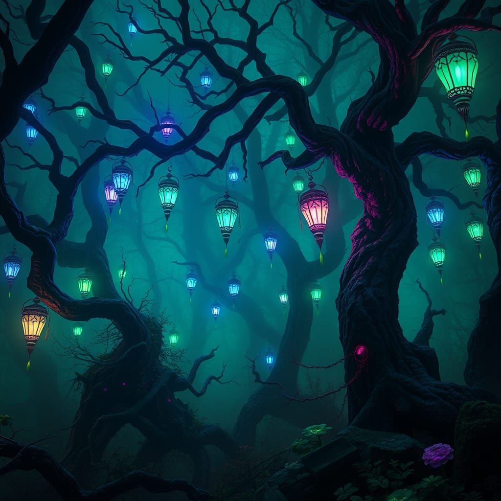 Mystical Forest with Fluorescent Flowers