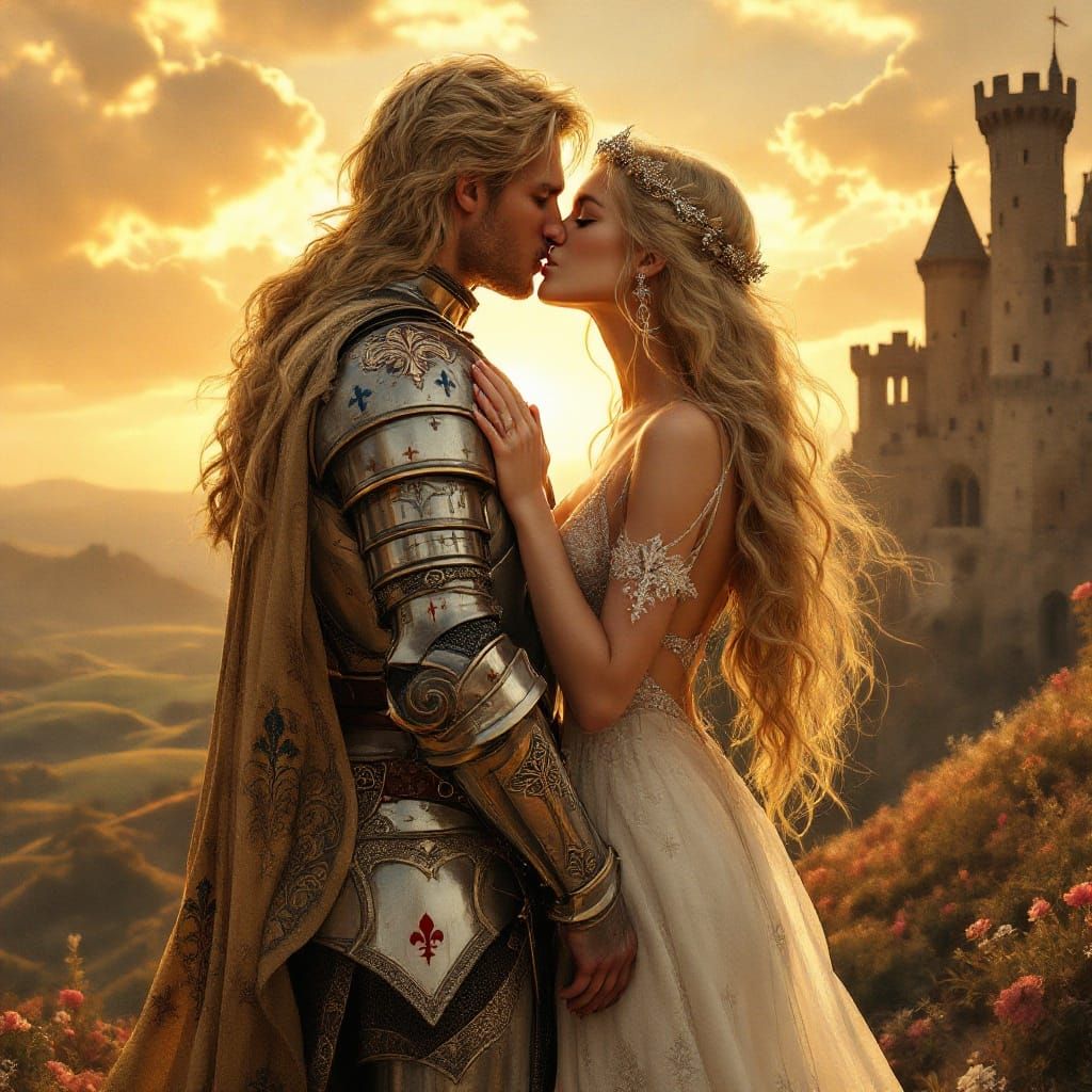 Medieval Woman Kissing Knight in Art Nouveau Style
