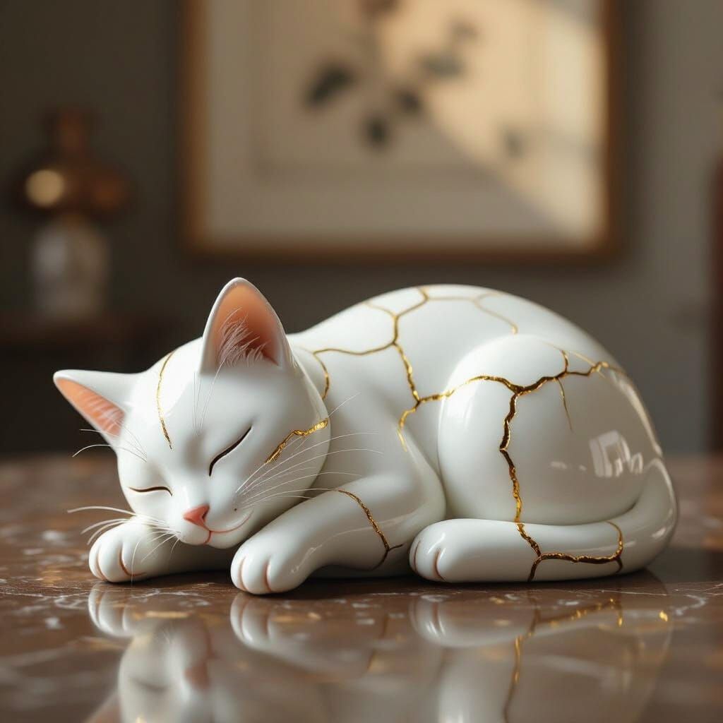 Kintsugi Porcelain Cat Sculpture in Hyperrealistic Style
