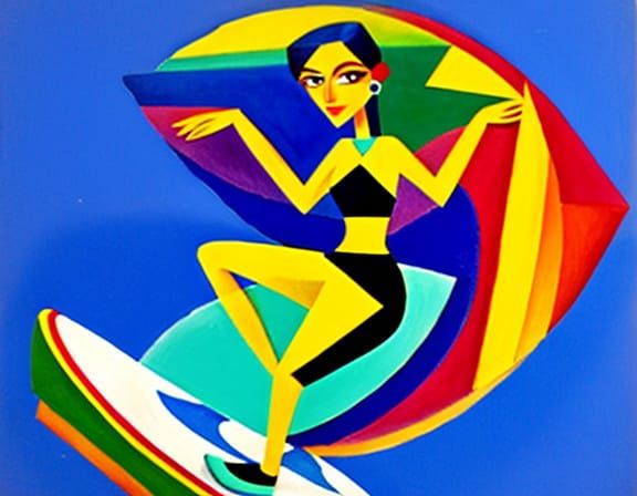 Girl on Surfboard in Colorful Cubism Style