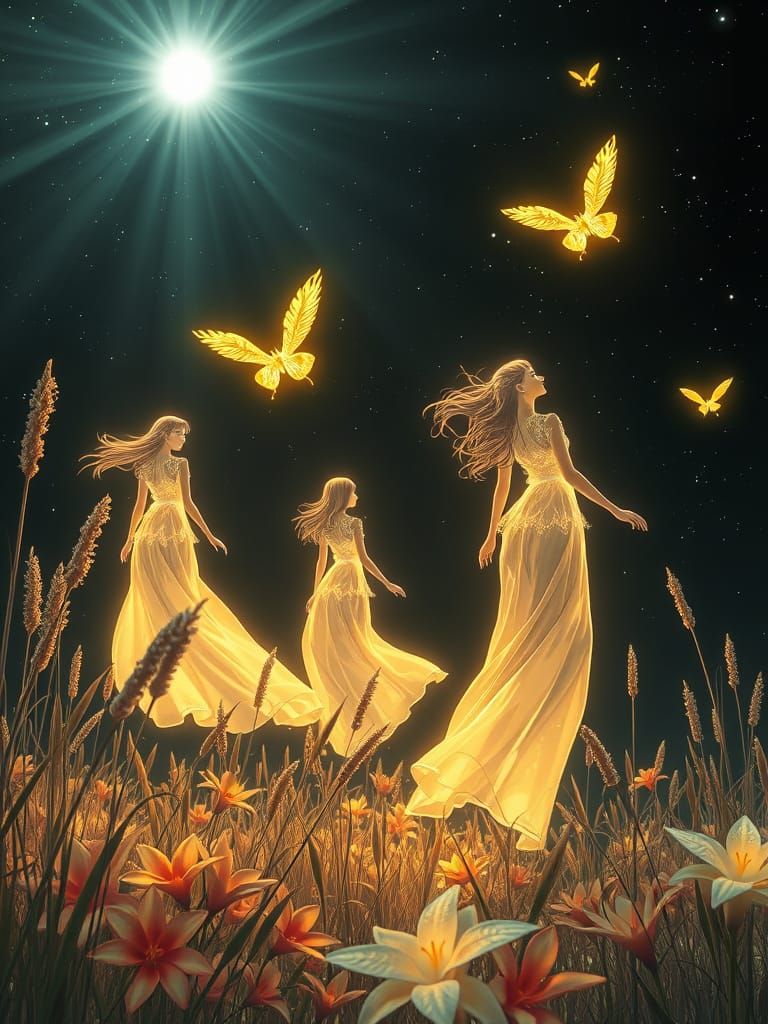 Bioluminescent Girls Flying in Crystalline Grass, Anime Styl...