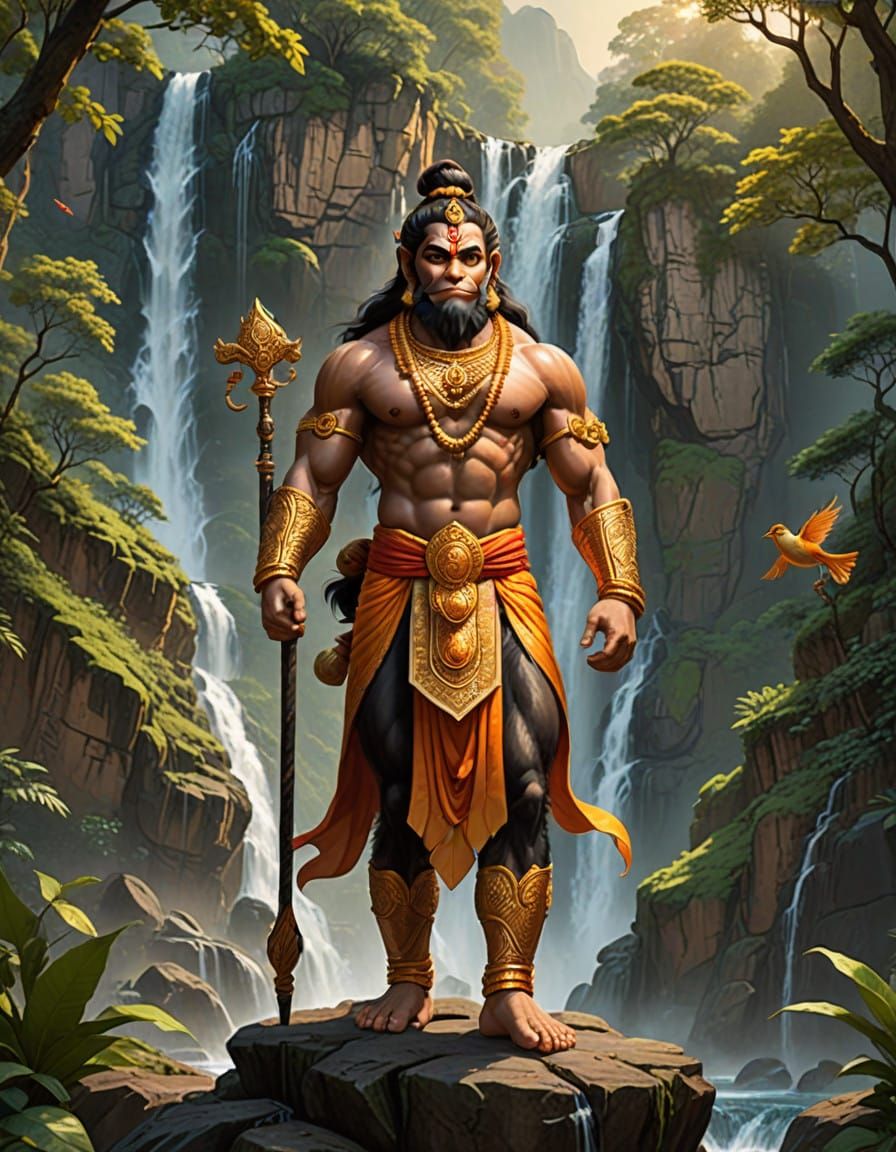 Lord Hanuman Stands at the Edge of a Majestic Cliff, Surroun...