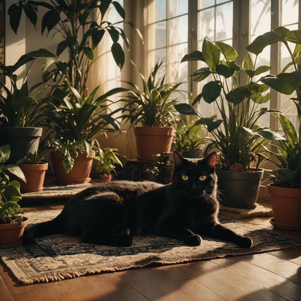 Black Cat Lounging in Plant-Filled Room