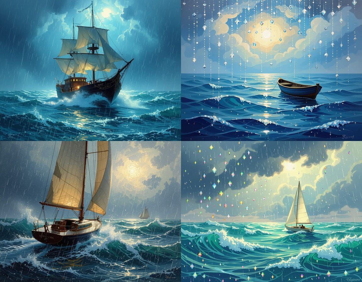 Diamond Rain Over Swishing Waves With Distant Boat