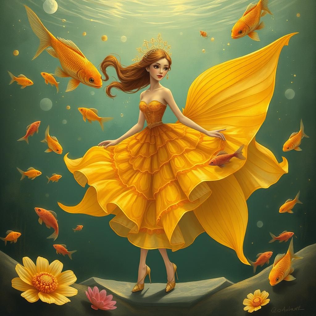 Dreamlike Woman in Goldfish Couture