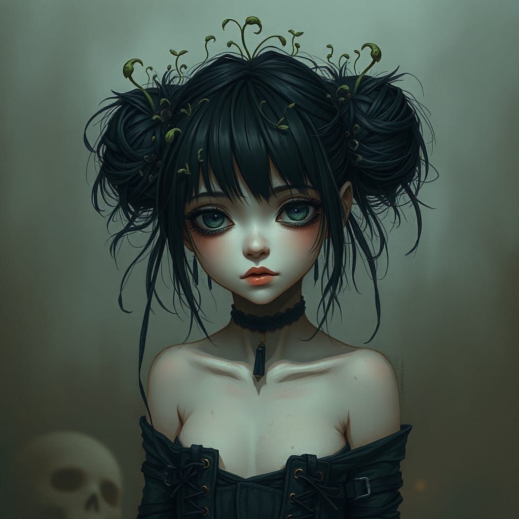 Gothic Girl with Seedlings in Futuristic Dark Art Style