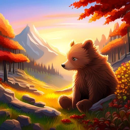 Baby Bear in Autumn Meadow, Neo-Impressionist Style