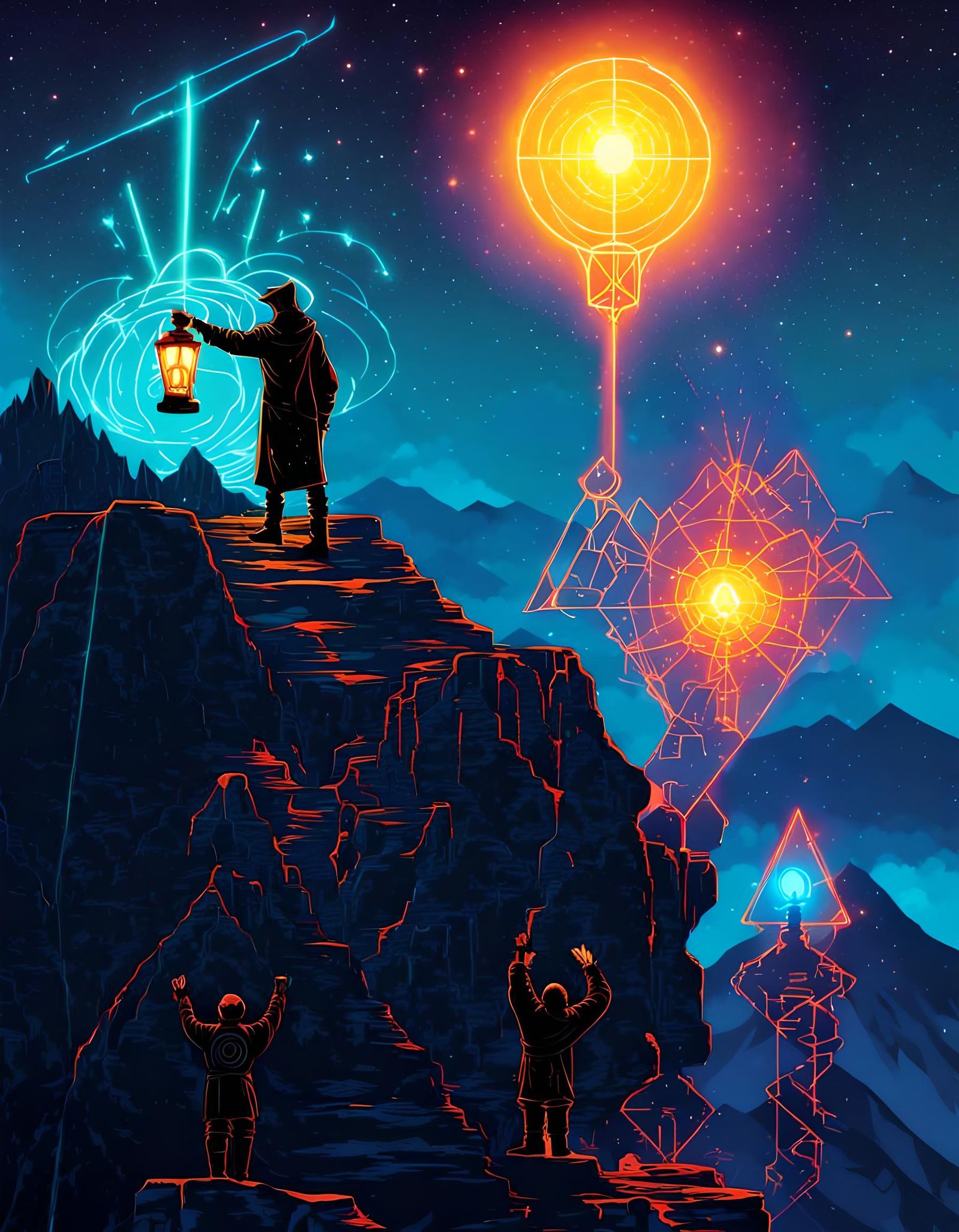 Cyberpunk Hermit Silhouette with Laser Lantern