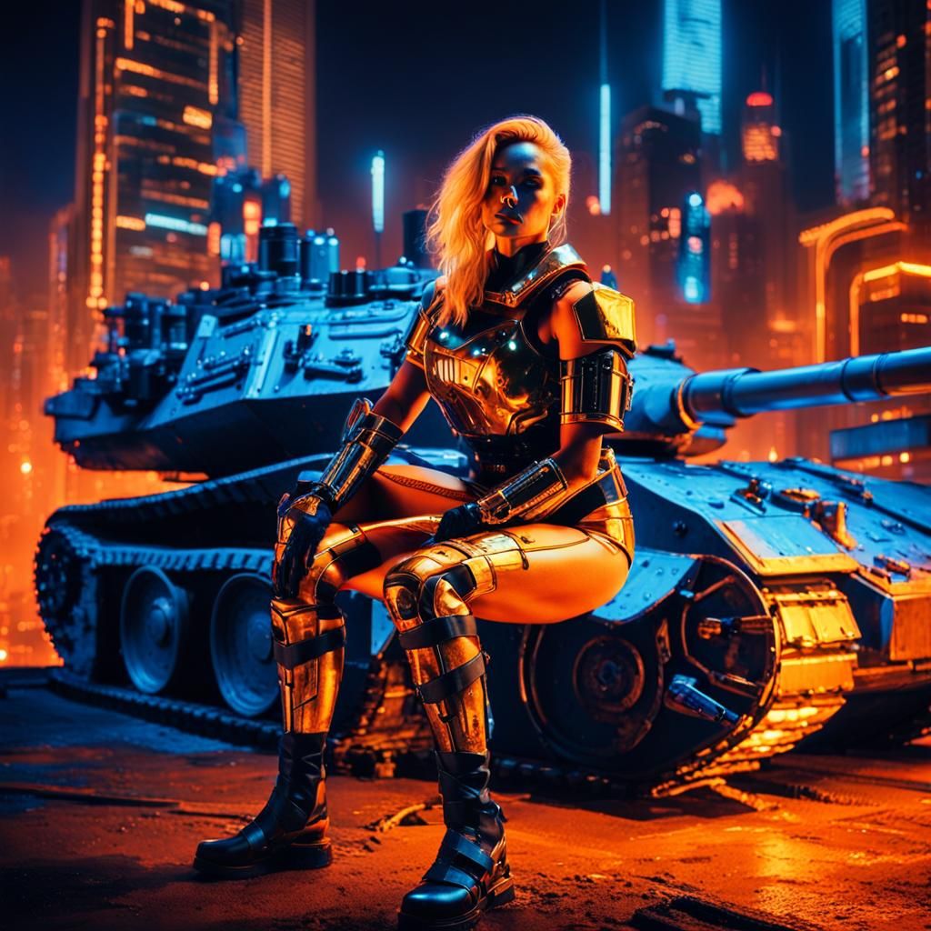 Cyberpunk Neon Nightscape with Armored Woman