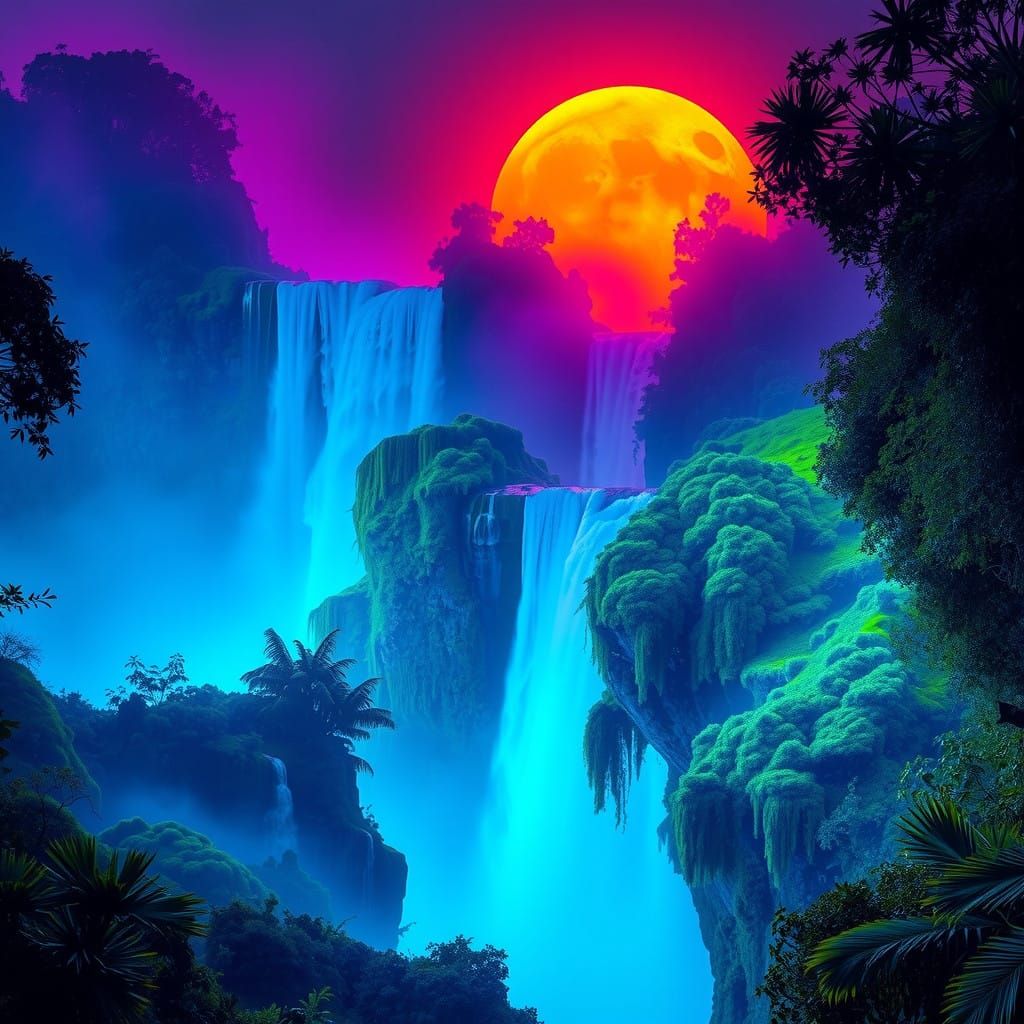 Electric Blue Iguazu Waterfall in Neon Jungle Landscape
