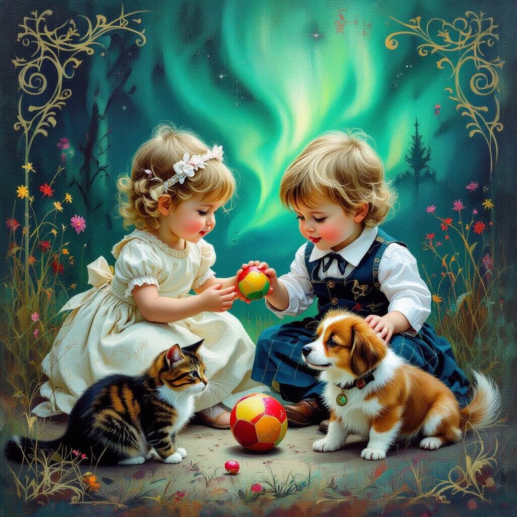 Children Playing with Pets in a Whimsical Landscape
