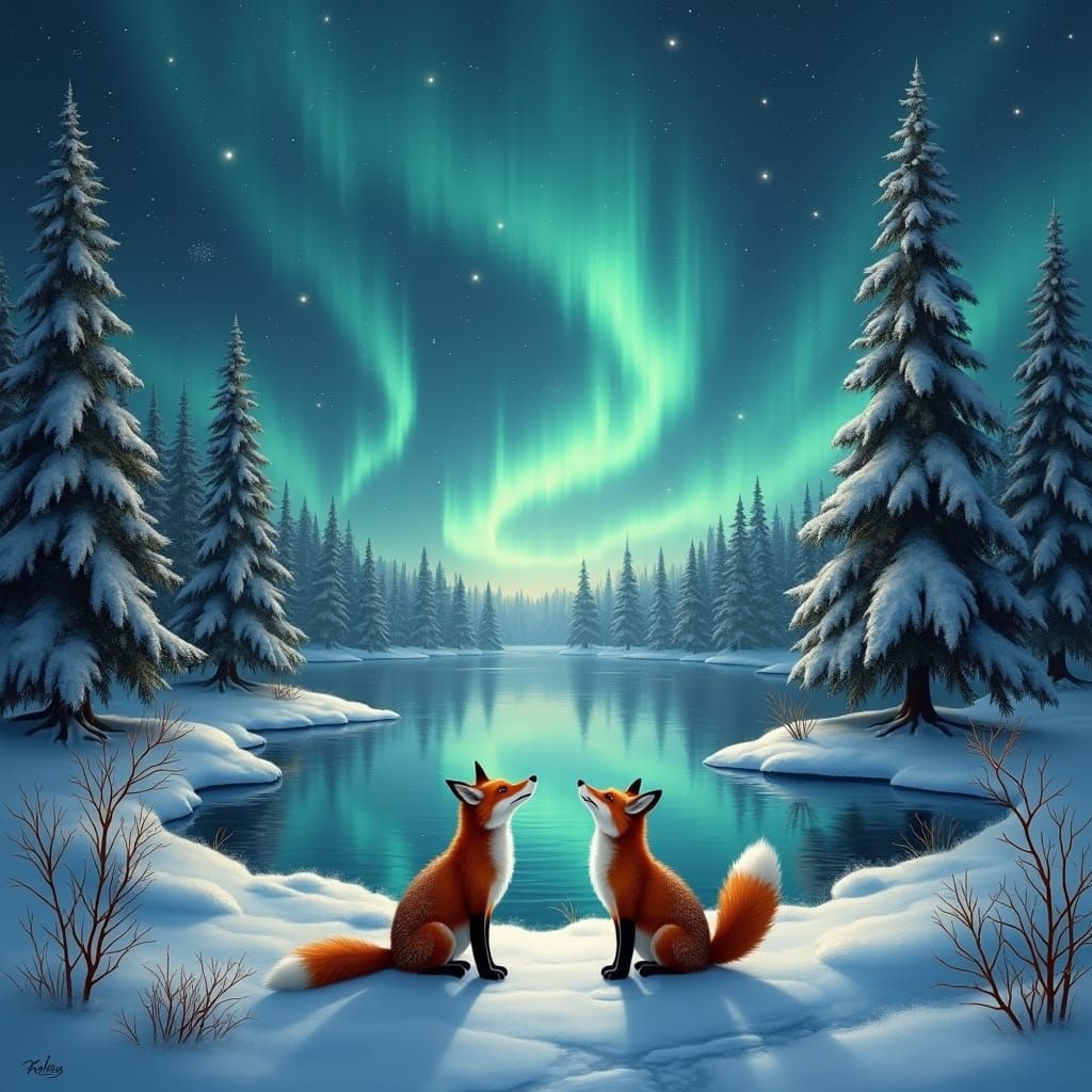 Winter Forest Aurora Reflected, Matte Painting