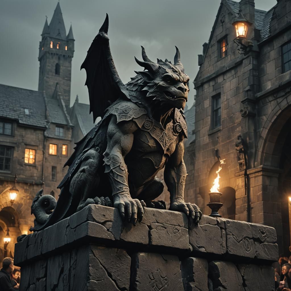 Basalt Gargoyle Overlooks Dimly Lit Market Square