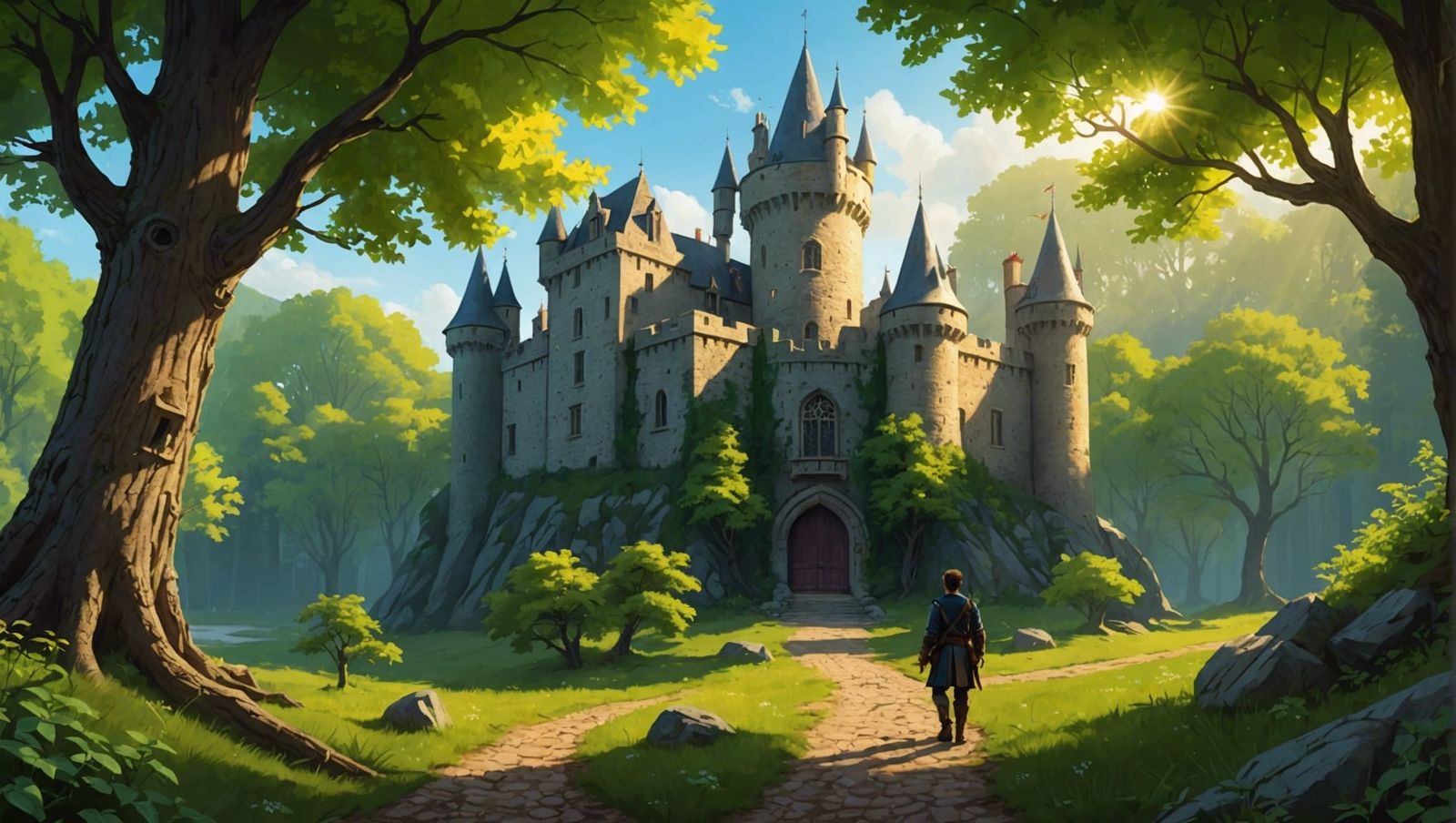 Sunlit Castle and Woods Adventure Scene
