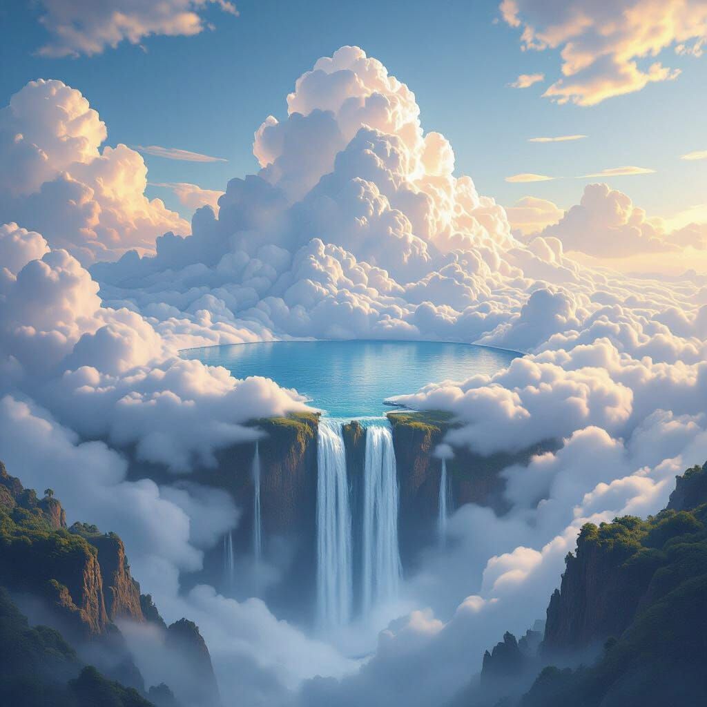 Fantastical Cloudscape with Lake and Waterfall
