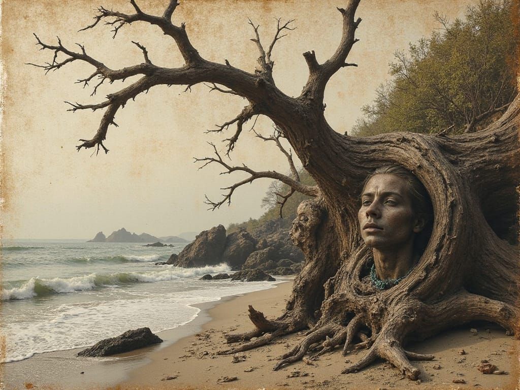 Driftwood Curling Eroded Olde-World Map, Charred and Rusty