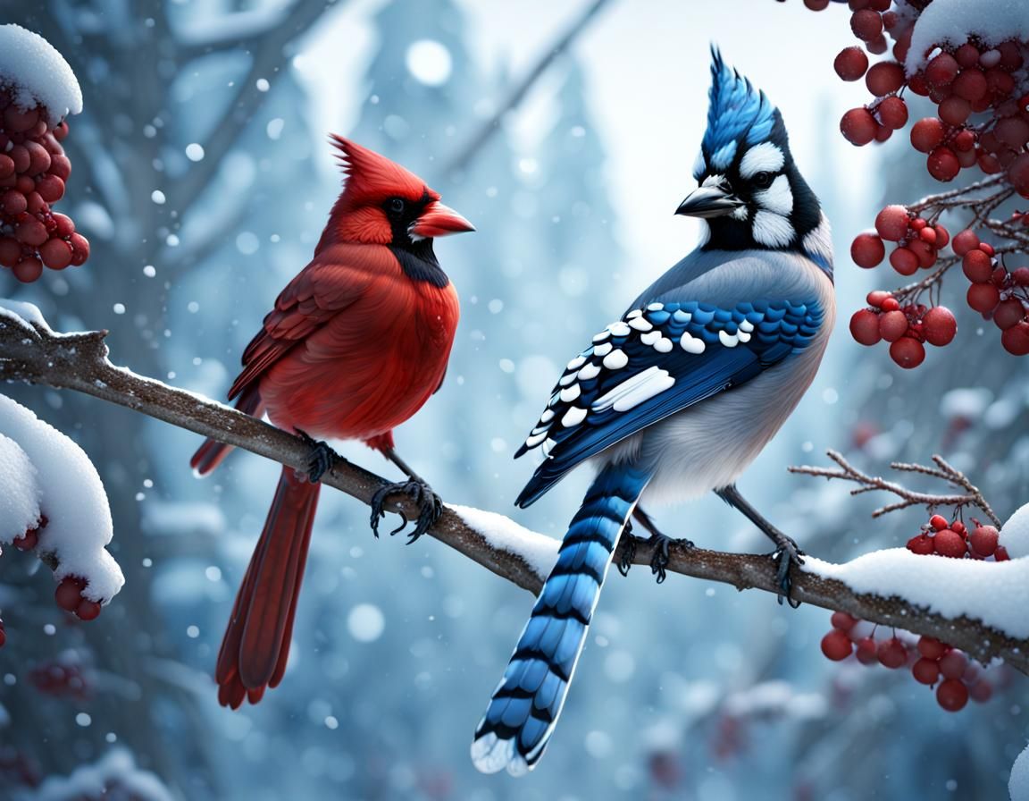Blue Jay and Cardinal: Detailed Matte Painting