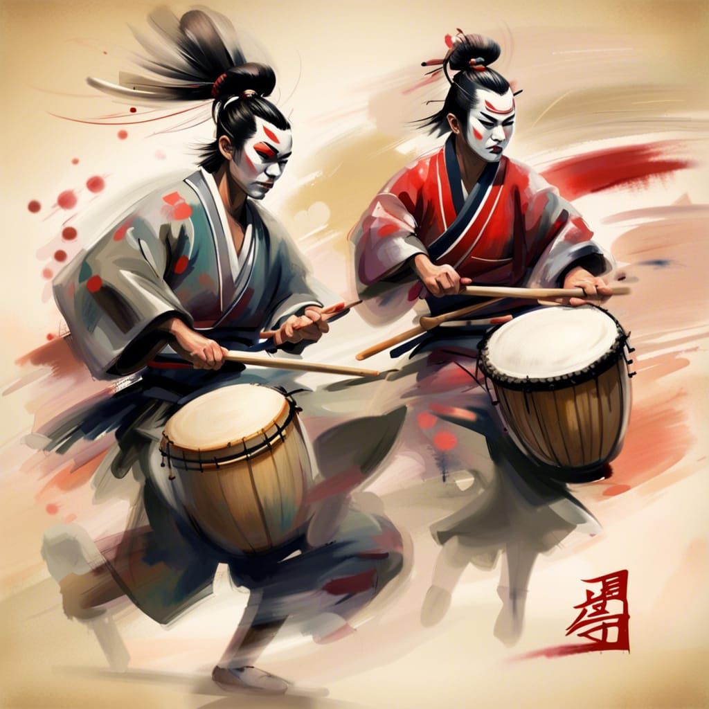 Japanese Drummer and Kabuki Dancer in Digital Painting